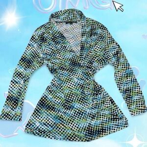 vtg y2k preston & york preppy twee whimsical office wrap style aop top, sz lg